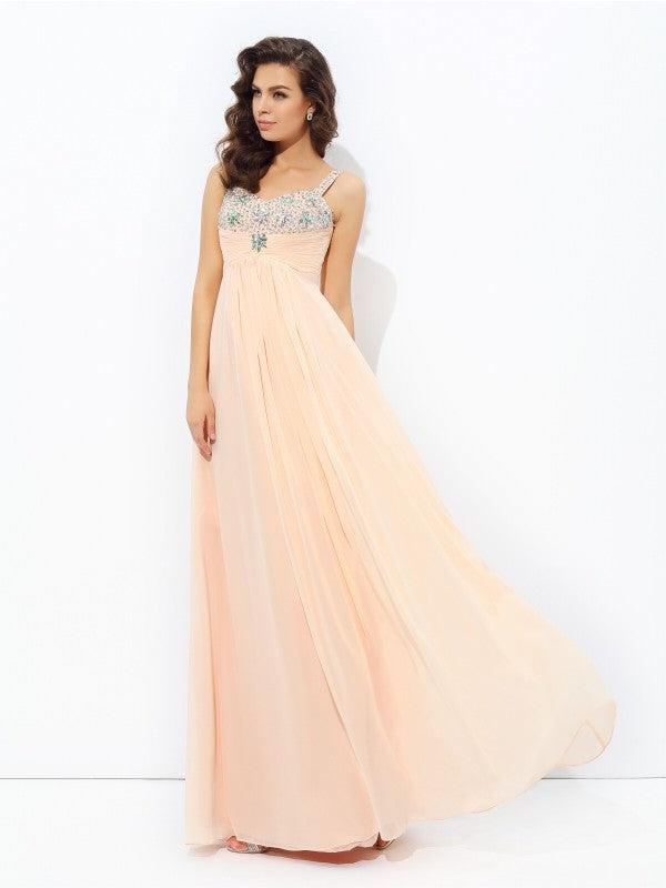 A-line/Princess Spaghetti Straps Beading Sleeveless Long Chiffon Dresses