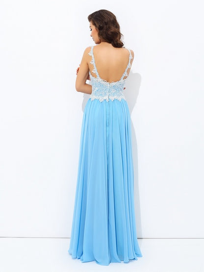 A-Line/Princess V-neck Lace Sleeveless Long Chiffon Dresses