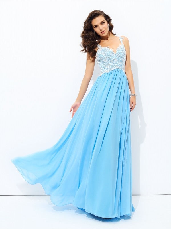 A-Line/Princess V-neck Lace Sleeveless Long Chiffon Dresses