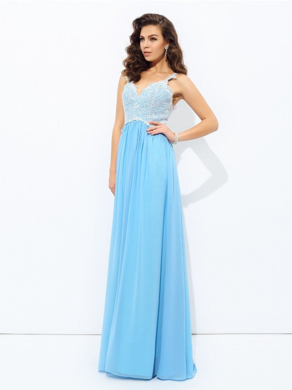 A-Line/Princess V-neck Lace Sleeveless Long Chiffon Dresses