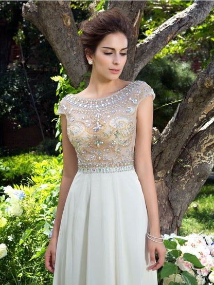 A-Line/Princess Sheer Neck Rhinestone Short Sleeves Long Chiffon Dresses #