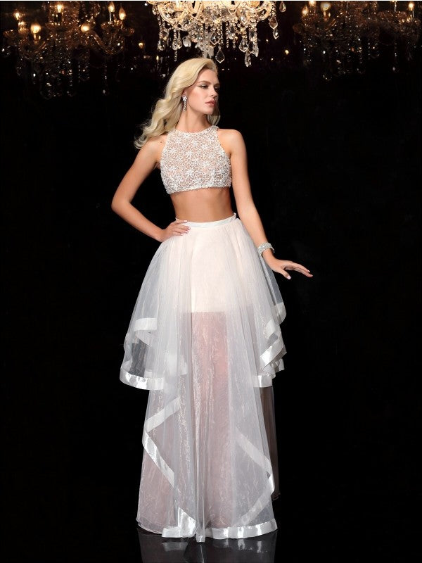 A-Line/Princess Scoop Applique Sleeveless Long Tulle Two Piece Dresses