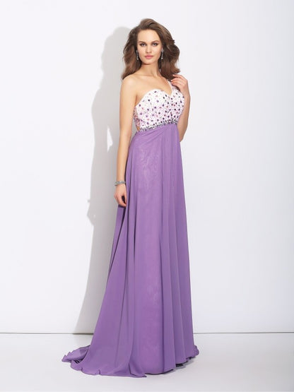 A-Line/Princess One-Shoulder Crystal Sleeveless Long Chiffon Dresses