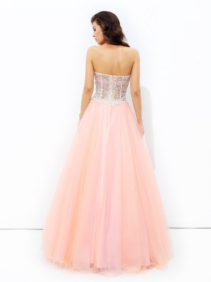 A-line/Princess Sweetheart Lace Sleeveless Long Net Dresses