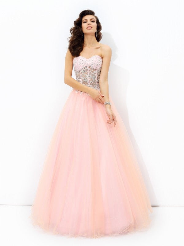 A-line/Princess Sweetheart Lace Sleeveless Long Net Dresses