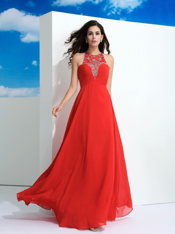 A-Line/Princess Sheer Neck Beading Sleeveless Long Chiffon Dresses