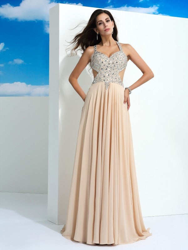 A-Line/Princess Straps Beading Sleeveless Long Chiffon Dresses