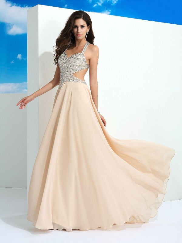 A-Line/Princess Straps Beading Sleeveless Long Chiffon Dresses