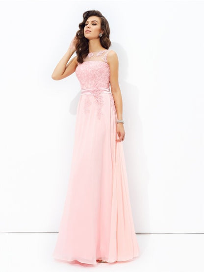 A-line/Princess Scoop Applique Sleeveless Long Chiffon Dresses