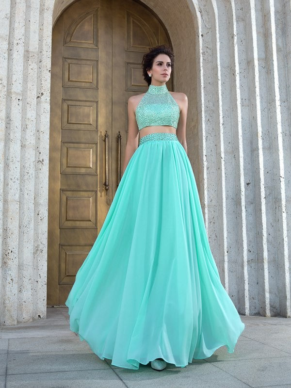 A-Line/Princess High Neck Beading Sleeveless Long Chiffon Two Piece Dresses