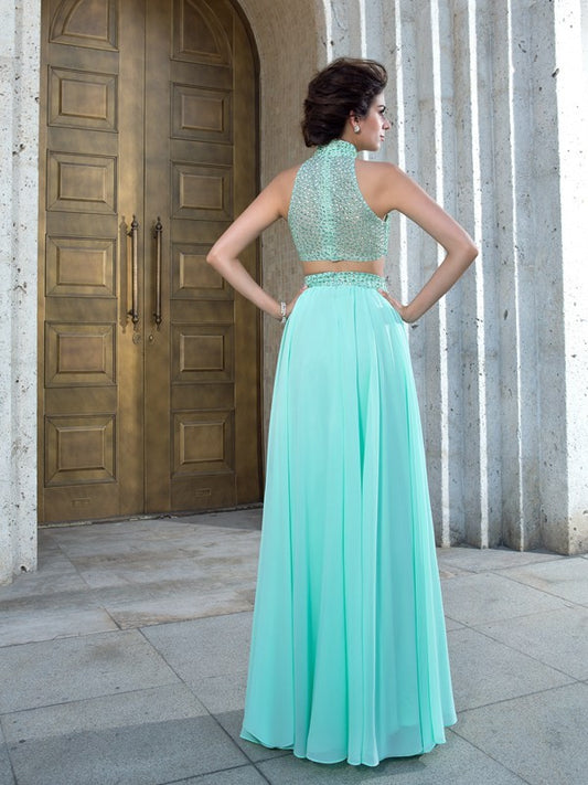 A-Line/Princess High Neck Beading Sleeveless Long Chiffon Two Piece Dresses