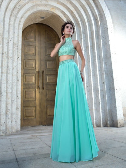 A-Line/Princess High Neck Beading Sleeveless Long Chiffon Two Piece Dresses