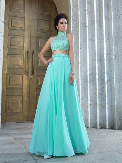 A-Line/Princess High Neck Beading Sleeveless Long Chiffon Two Piece Dresses