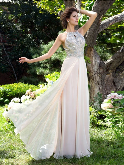 A-Line/Princess Spaghetti Straps Beading Sleeveless Long Chiffon Dresses