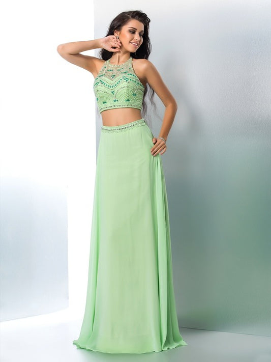 A-Line/Princess Halter Beading Sleeveless Long Chiffon Two Piece Dresses