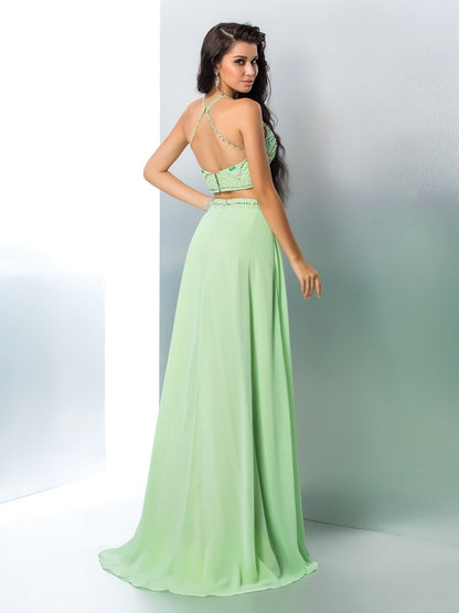 A-Line/Princess Halter Beading Sleeveless Long Chiffon Two Piece Dresses