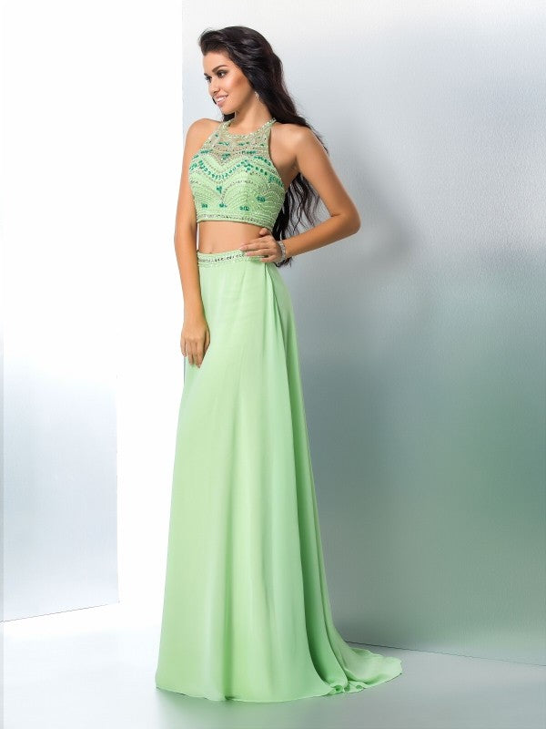 A-Line/Princess Halter Beading Sleeveless Long Chiffon Two Piece Dresses