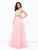 A-line/Princess Straps Applique Sleeveless Long Chiffon Two Piece Dresses