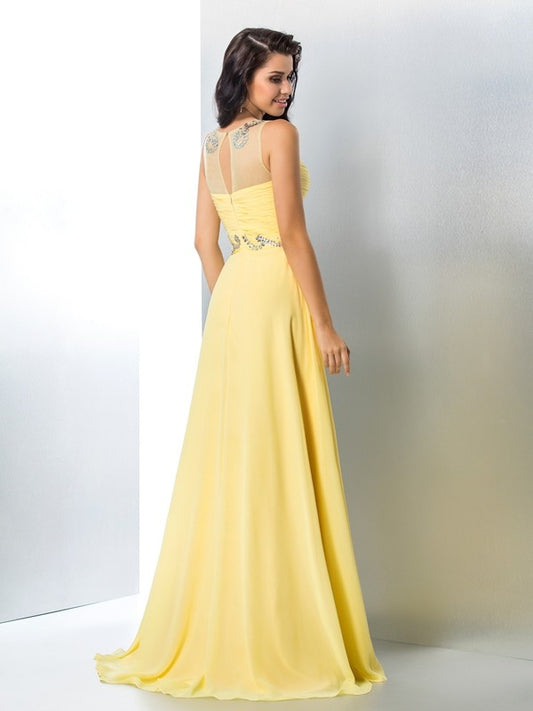 A-Line/Princess Sheer Neck Beading Sleeveless Long Chiffon Dresses