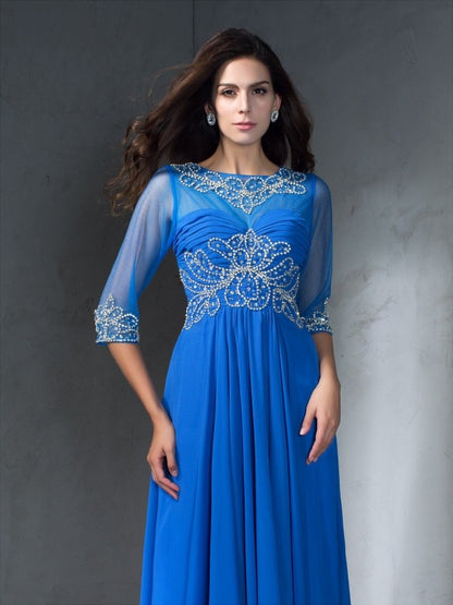 A-Line/Princess Scoop Beading 1/2 Sleeves Long Chiffon Dresses