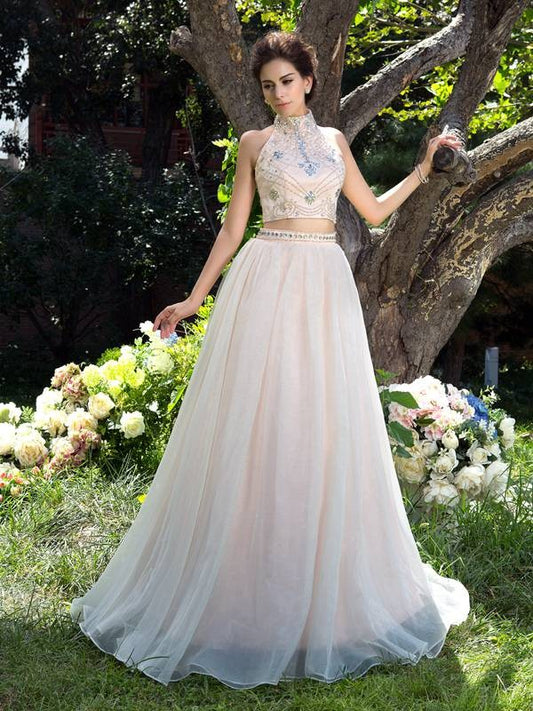 A-Line/Princess High Neck Beading Sleeveless Long Net Two Piece Dresses