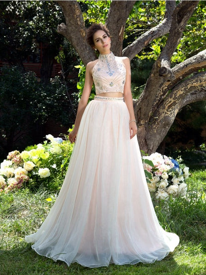 A-Line/Princess High Neck Beading Sleeveless Long Net Two Piece Dresses