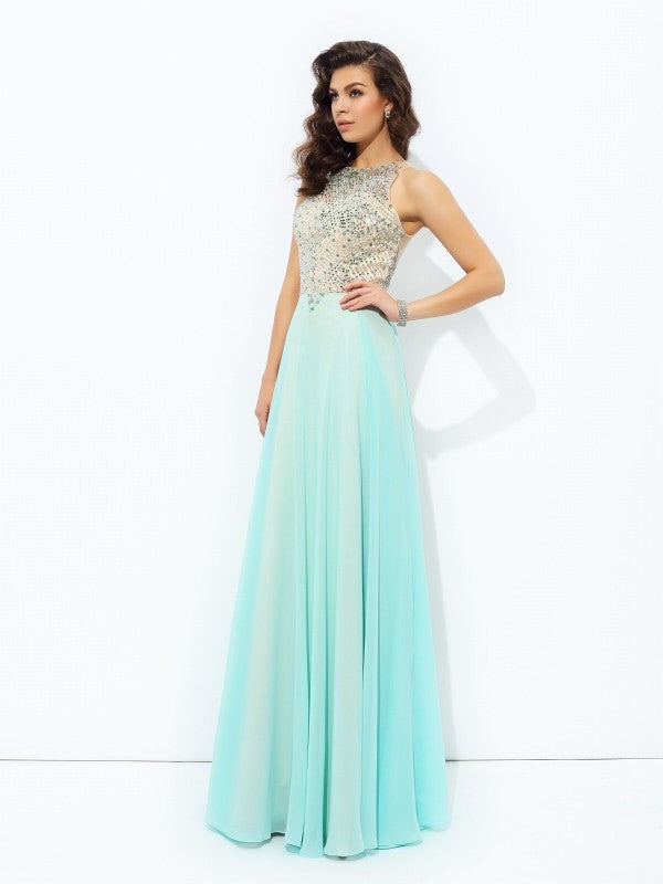 A-line/Princess Jewel Beading Sleeveless Long Chiffon Dresses