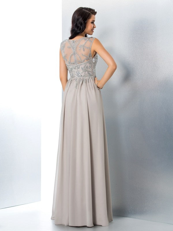 A-Line/Princess Sheer Neck Beading Sleeveless Long Chiffon Dresses