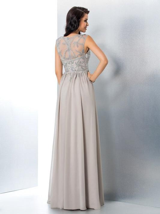 A-Line/Princess Sheer Neck Beading Sleeveless Long Chiffon Dresses