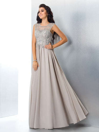 A-Line/Princess Sheer Neck Beading Sleeveless Long Chiffon Dresses