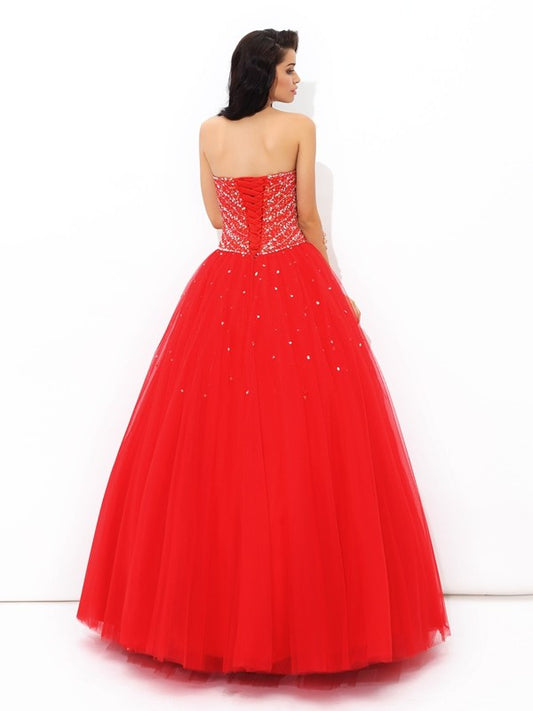 Ball Gown Sweetheart Beading Sleeveless Long Net Quinceanera Dresses