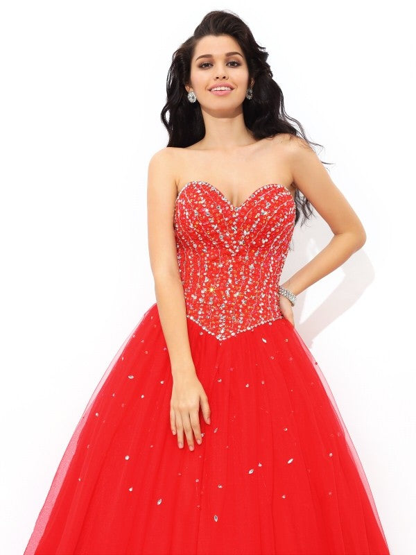 Ball Gown Sweetheart Beading Sleeveless Long Net Quinceanera Dresses