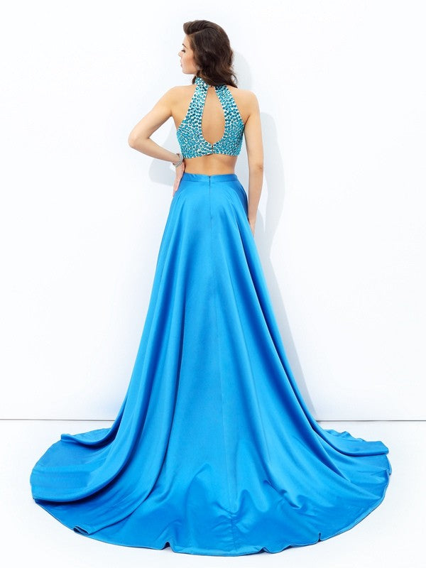 A-line/Princess High Neck Beading Sleeveless Long Satin Two Piece Dresses