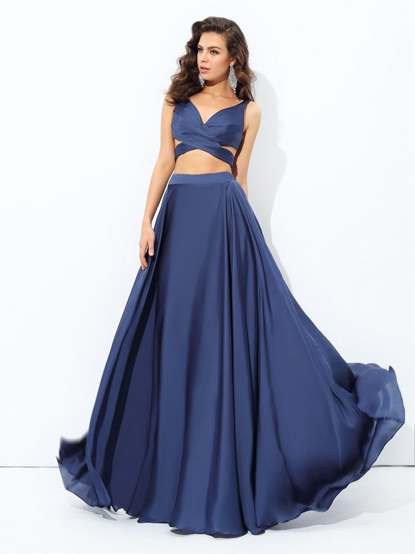 A-line/Princess Straps Sleeveless Long Satin Chiffon Two Piece Dresses