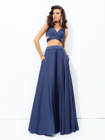 A-line/Princess Straps Sleeveless Long Satin Chiffon Two Piece Dresses