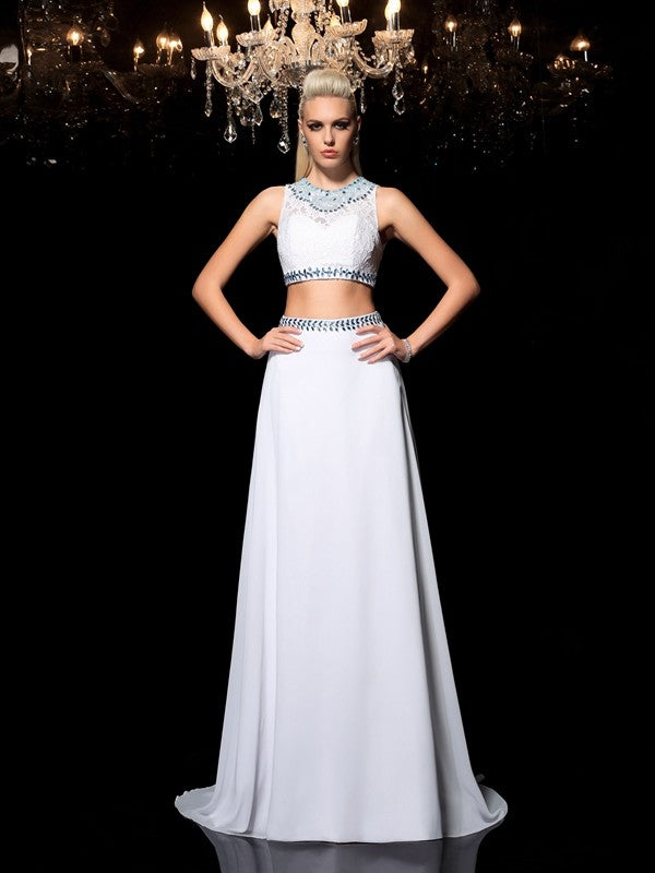 A-Line/Princess Jewel Beading Sleeveless Long Chiffon Two Piece Dresses