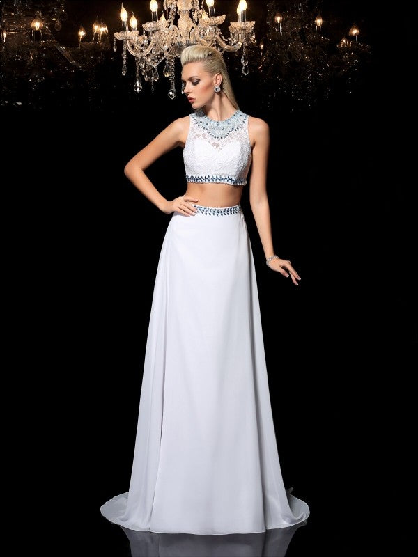 A-Line/Princess Jewel Beading Sleeveless Long Chiffon Two Piece Dresses