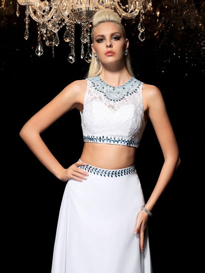 A-Line/Princess Jewel Beading Sleeveless Long Chiffon Two Piece Dresses