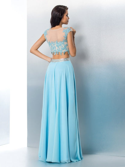 A-Line/Princess Sheer Neck Applique Short Sleeves Long Chiffon Two Piece Dresses