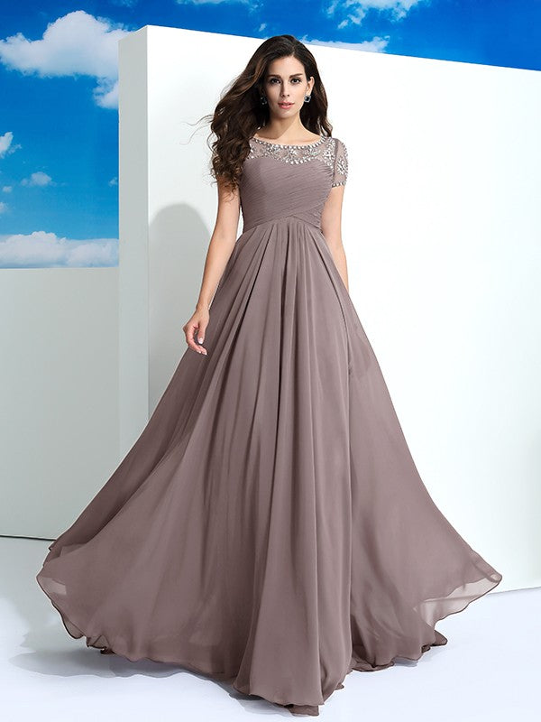 A-Line/Princess Sheer Neck Beading Short Sleeves Long Chiffon Dresses