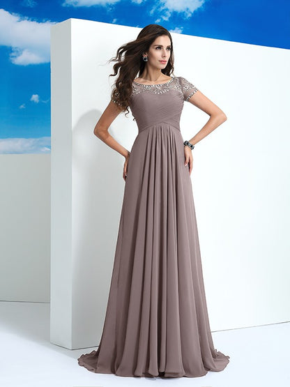 A-Line/Princess Sheer Neck Beading Short Sleeves Long Chiffon Dresses