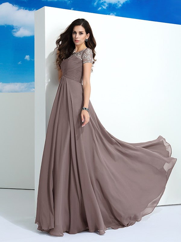 A-Line/Princess Sheer Neck Beading Short Sleeves Long Chiffon Dresses