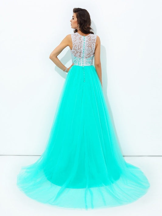 A-line/Princess Scoop Lace Sleeveless Long Net Dresses