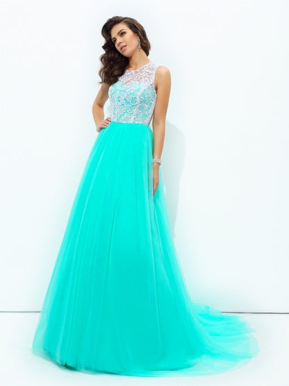 A-line/Princess Scoop Lace Sleeveless Long Net Dresses