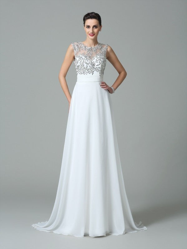 A-Line/Princess Jewel Beading Sleeveless Long Chiffon Dresses