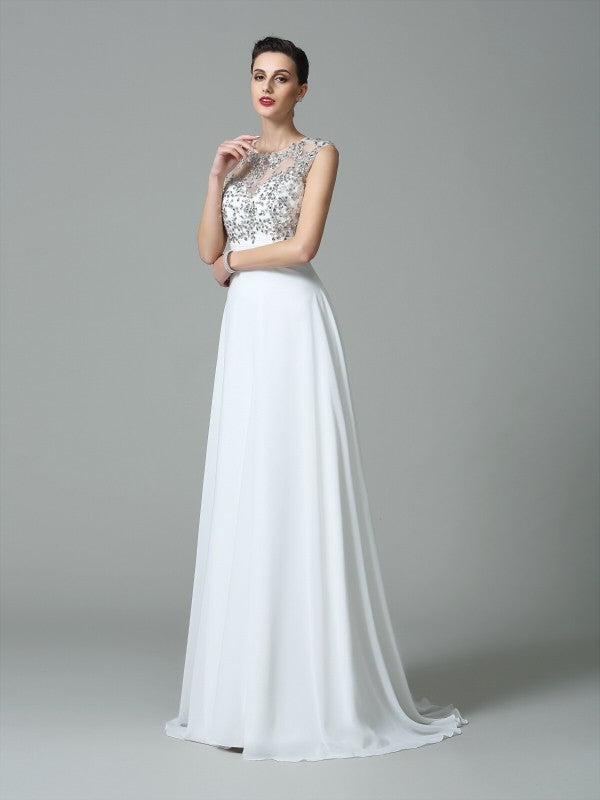 A-Line/Princess Jewel Beading Sleeveless Long Chiffon Dresses