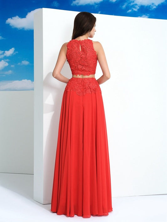 A-Line/Princess Scoop Lace Sleeveless Long Chiffon Two Piece Dresses