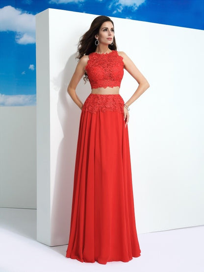 A-Line/Princess Scoop Lace Sleeveless Long Chiffon Two Piece Dresses