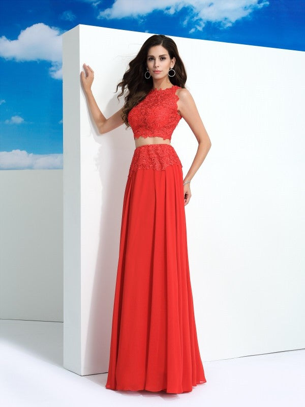 A-Line/Princess Scoop Lace Sleeveless Long Chiffon Two Piece Dresses