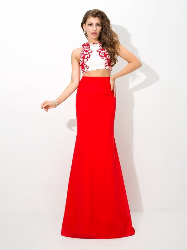 Sheath/Column High Neck Applique Sleeveless Long Chiffon Two Piece Dresses